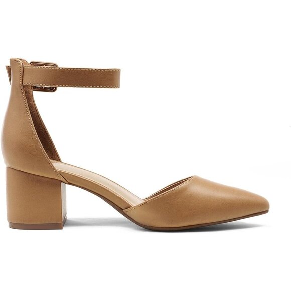 Dream Pairs Women's Nude/Pu Pointed Toe Closed Toe Low Block Ankle Strap Heels - Picture 3 of 8
